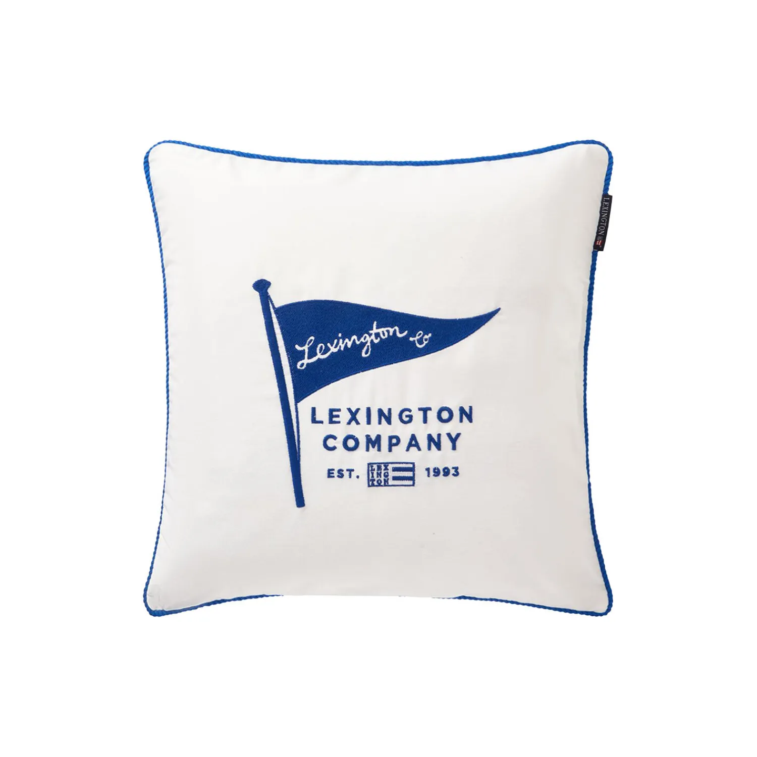 Lexington Pyntepuder & Hynder * Pudebetræk i økologisk bomuldstwill med flag, white/sea blue